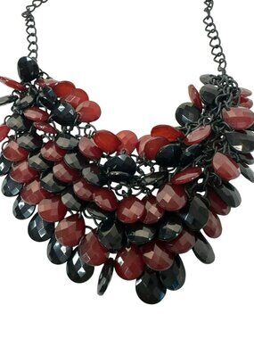 Statement Bib Necklace Layered Red & Black Beads Black Chain 22" Chunky Goth